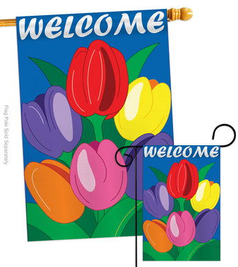 Welcome Tulips - Floral Spring Vertical Applique Decorative Flags HG104061