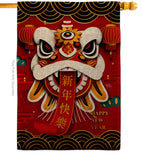 Happy Lion Dance - New Year Spring Vertical Impressions Decorative Flags HG120009 Made In USA