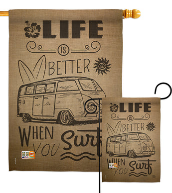 Life is Better When you Surf Kombi Bus - Nautical Coastal Vertical Impressions Decorative Flags HG191193 Made In USA