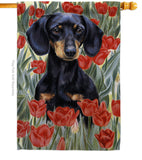 Dachsund In Tulips - Pets Nature Vertical Impressions Decorative Flags HG110080 Made In USA