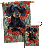 Dachsund In Tulips - Pets Nature Vertical Impressions Decorative Flags HG110080 Made In USA